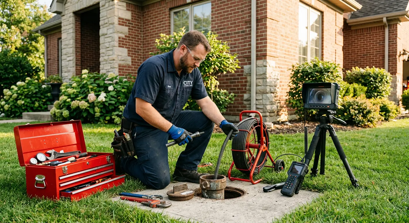 Sewer specialist with camera equipment servicing a cleanout in Hudson