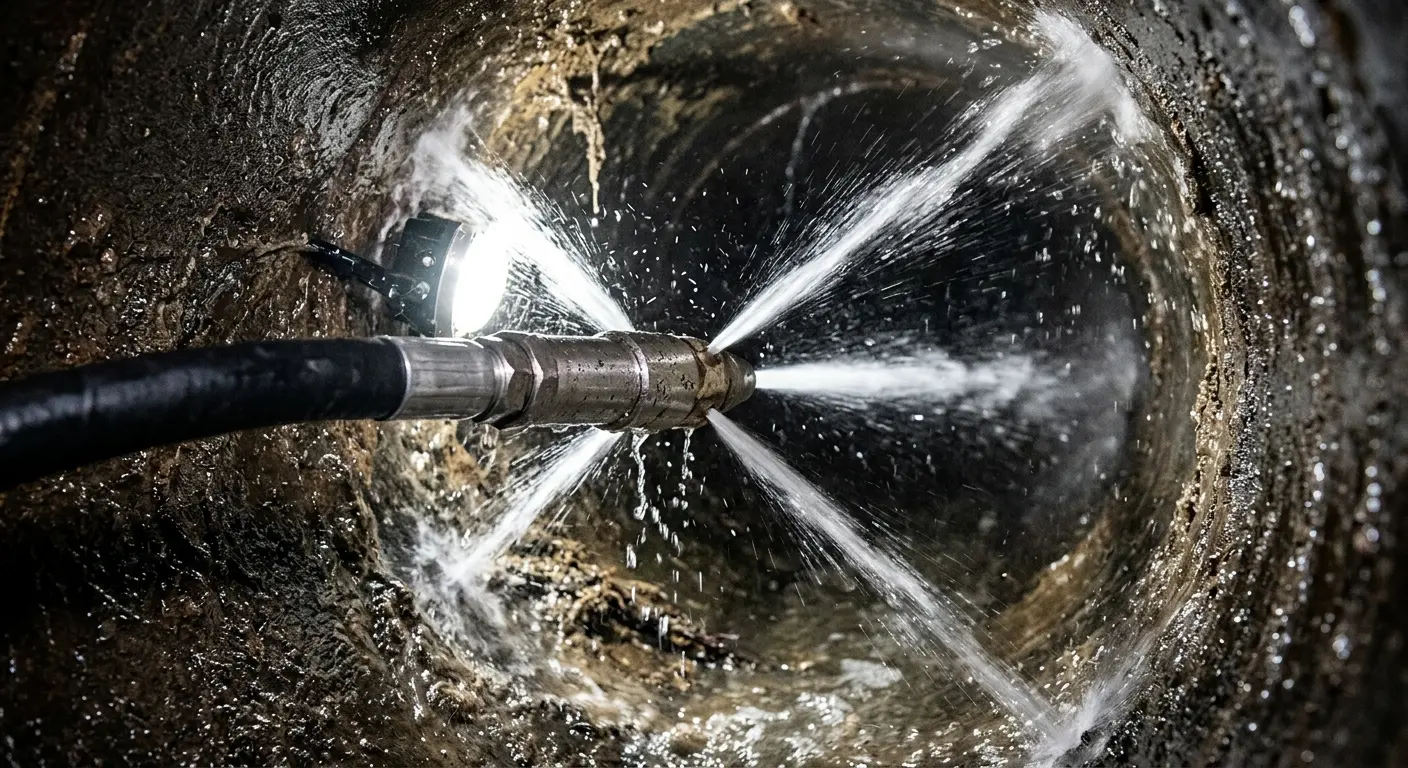 High-pressure hydro jetting nozzle cleaning sewer pipe for Trenchless Sewer Repair in Hudson
